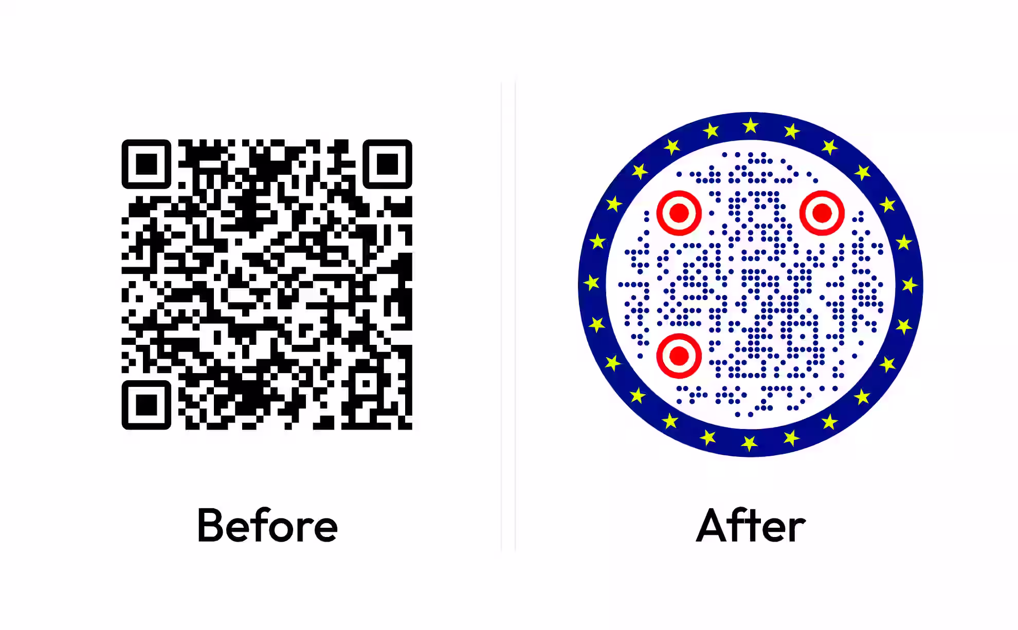 A plain black QR code beside the same code restyled as a circle with brand colors
