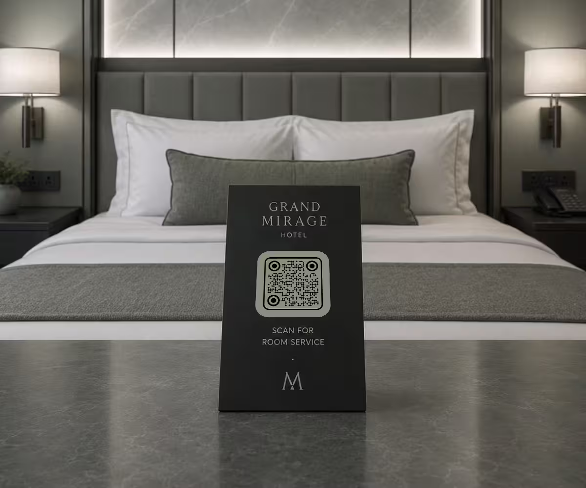 A hotel table card reading Scan for room service, with a QR code, standing in front of a made bed