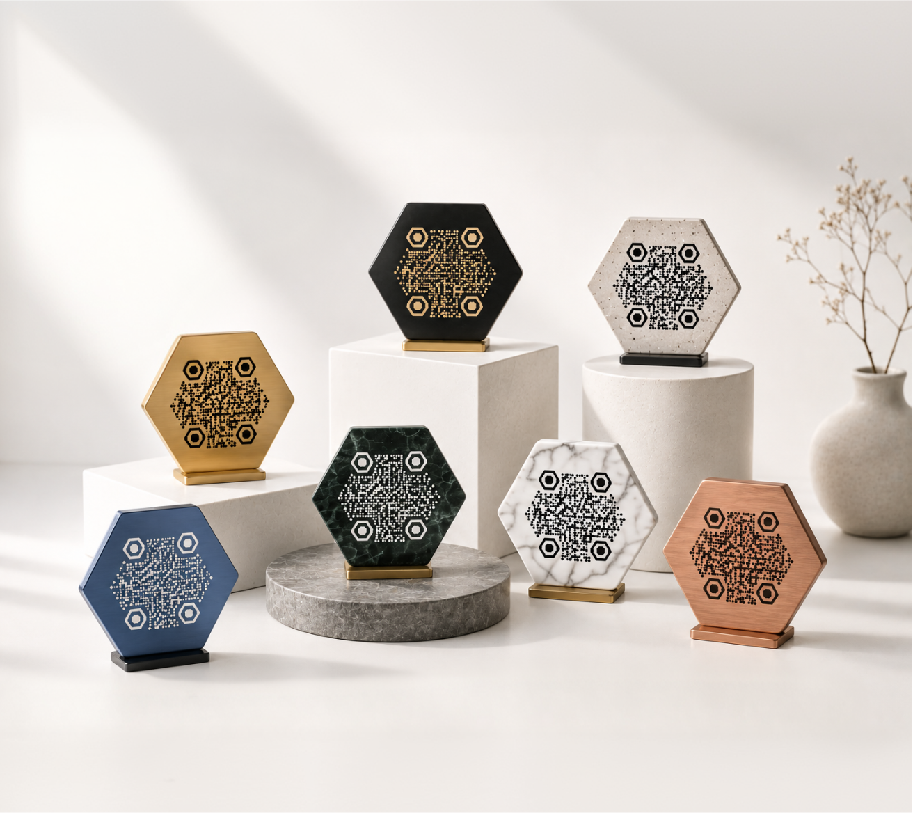 QR codes in hexagonal shapes on display stands